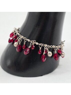 Red Crystal & Silver Bead Bracelet With Dangling Beads 7 inches